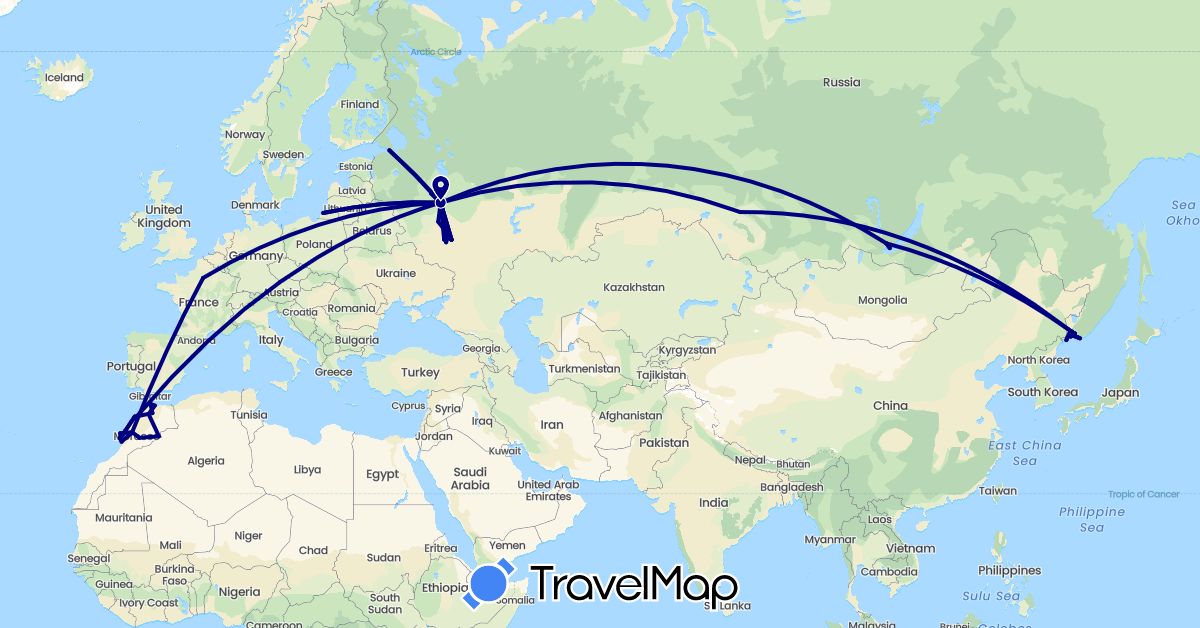 TravelMap itinerary: driving in France, Morocco, Russia (Africa, Europe)